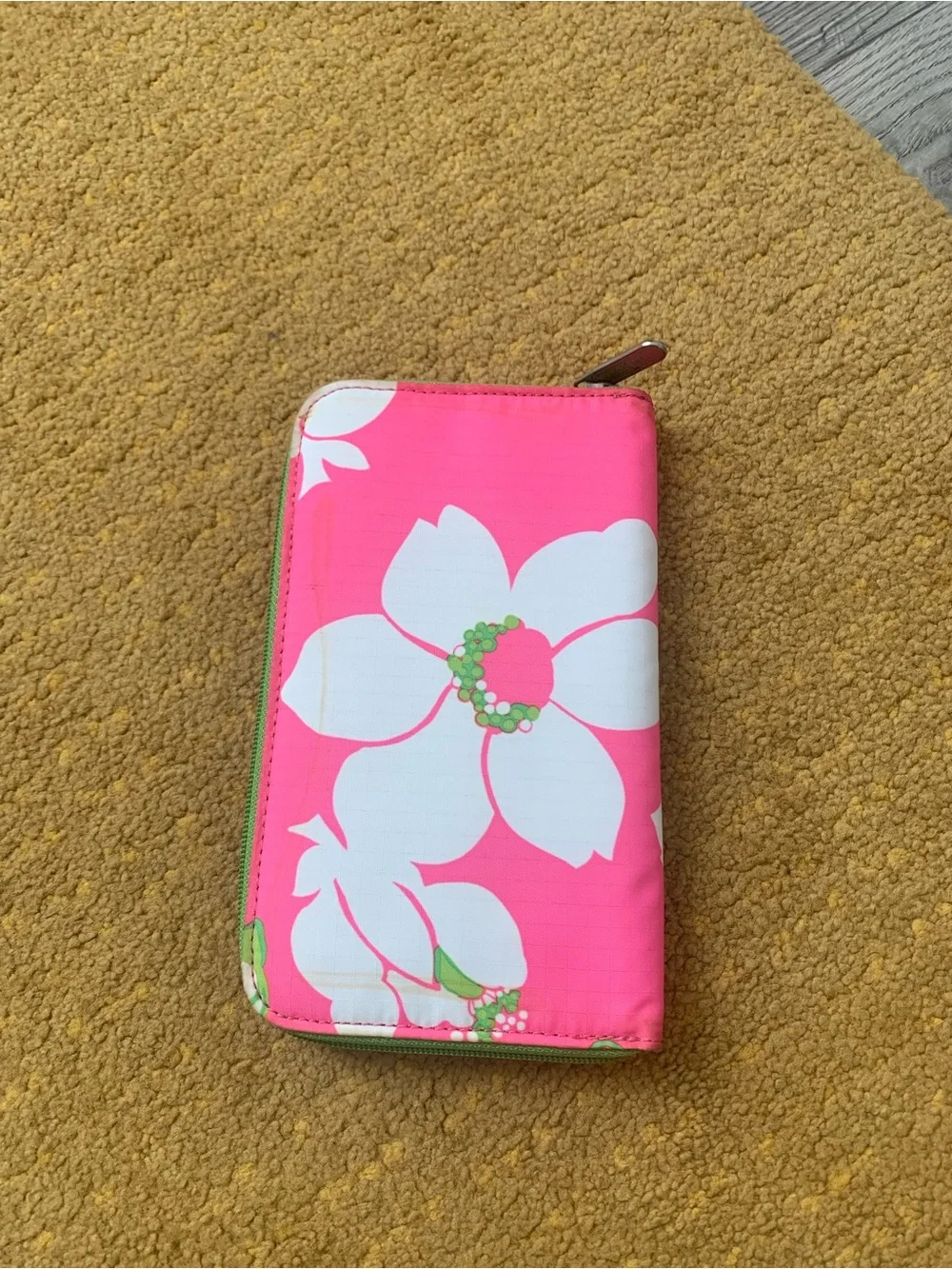 Vintage Lesportsac Neon Pink Floral Zip Wallet with Lime Accents